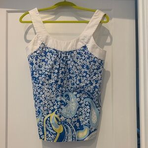Lilly Pulitzer Blue Floral & Paisley Sleeveless Top with White Yoke
